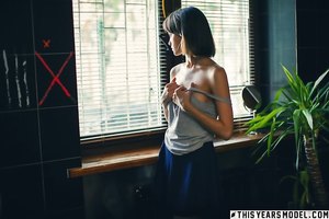 Alluring brunette model Lara Maiser poses naked and shows her juicy twat