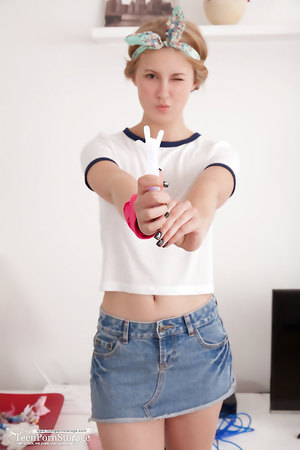 Charming Blonde Coed Elza A strips blue jean skirt and yellow and black socks