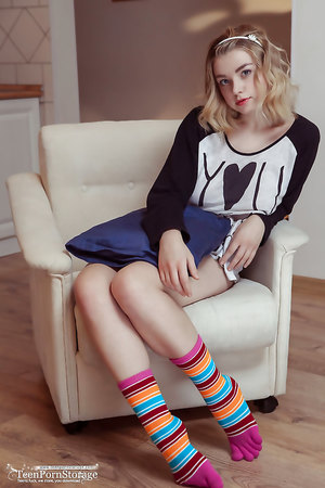 Light-haired Teen Kim In Socks With Astounding Massive Knockers Finger-tickling Her Hairless Vagina