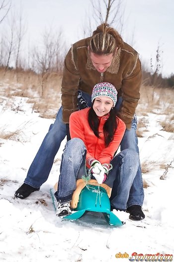 Brown-haired Teenie Damsel Gets Spunked In The Snow