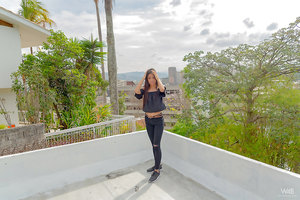 Venezuelan Teen Karin Torres Pulling her thong aside before masturbating